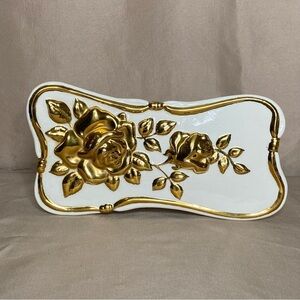 Vintage Jamar Mallory Ceramic Trinket Jewelry Box Gold Trim Roses